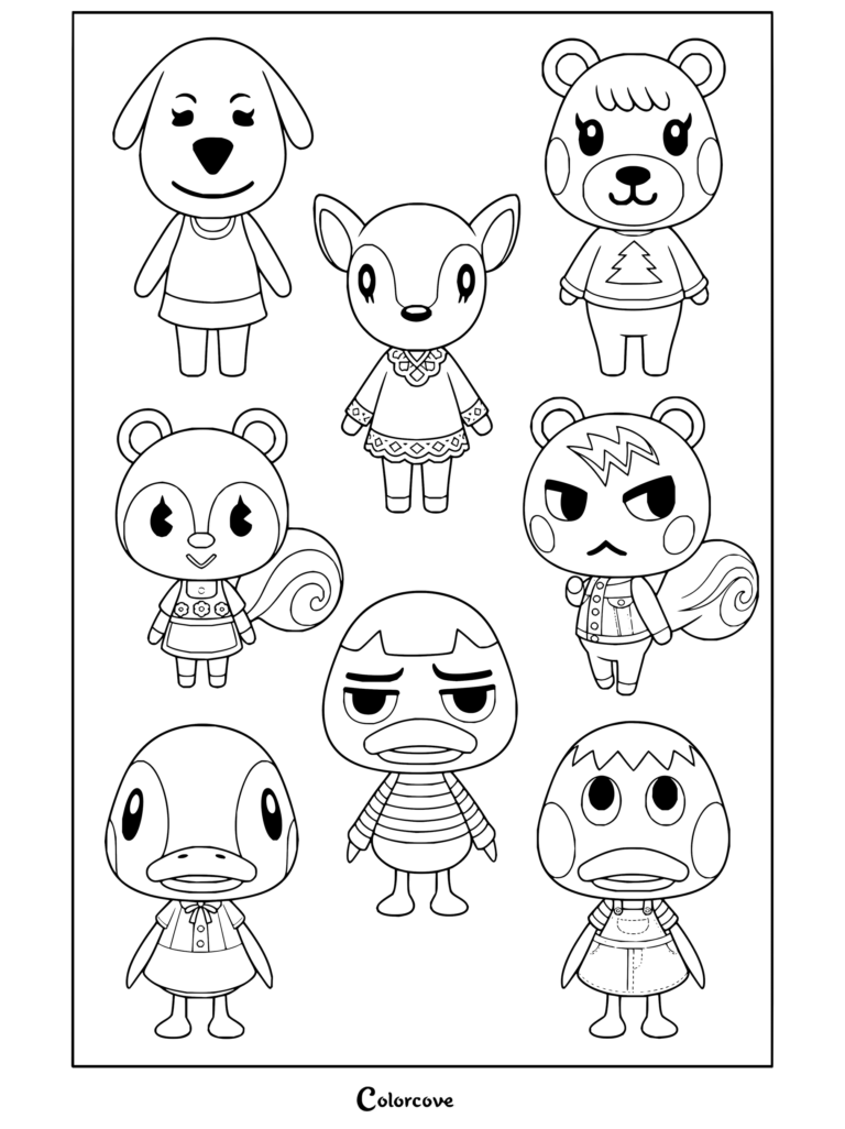 Dibujo para colorear de Animal Crossing con un retrato grupal de los aldeanos Maddie, Fauna, Dulce, Poppy, Munchi, Bill, Deira y Tad.
