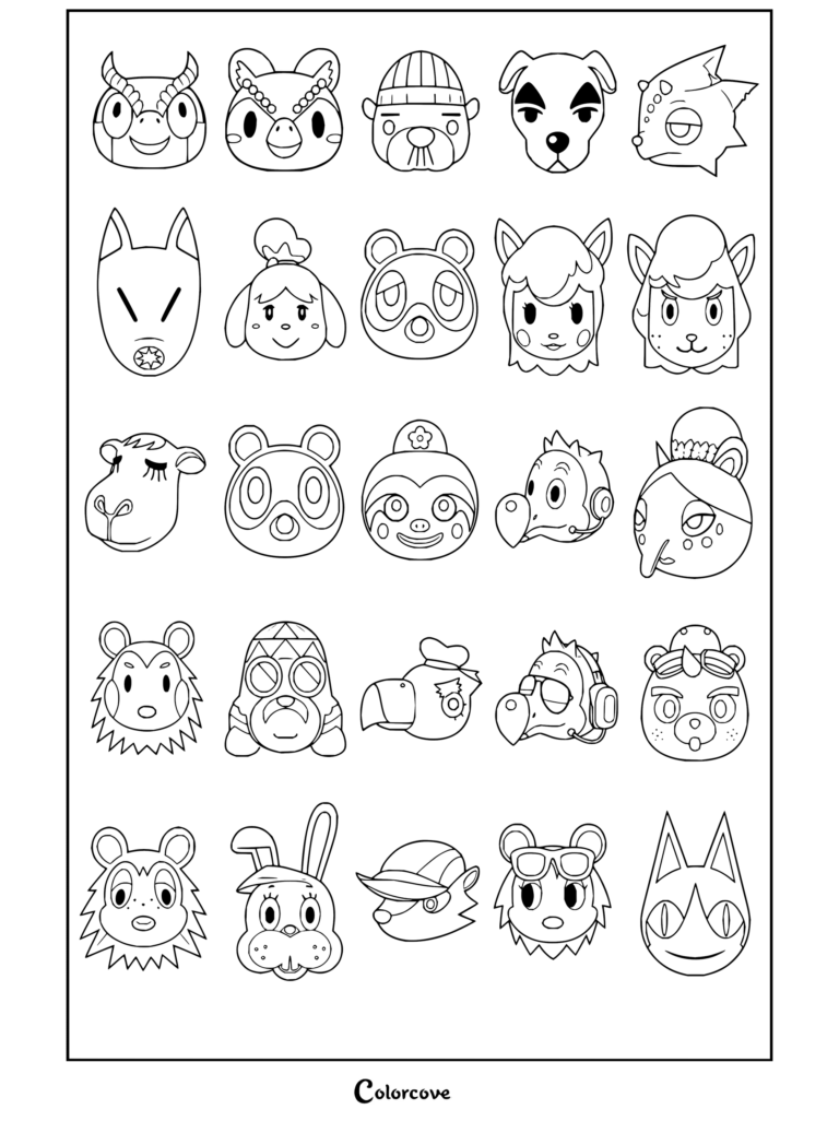 Dibujo para colorear de Animal Crossing con una cuadrícula de varios iconos de personajes especiales del juego.