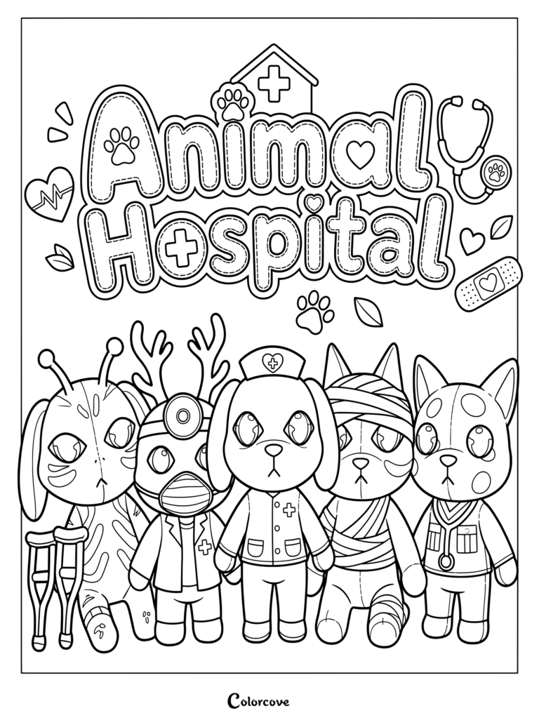 Five cartoon animal plush characters from Animal Hospital stand together.