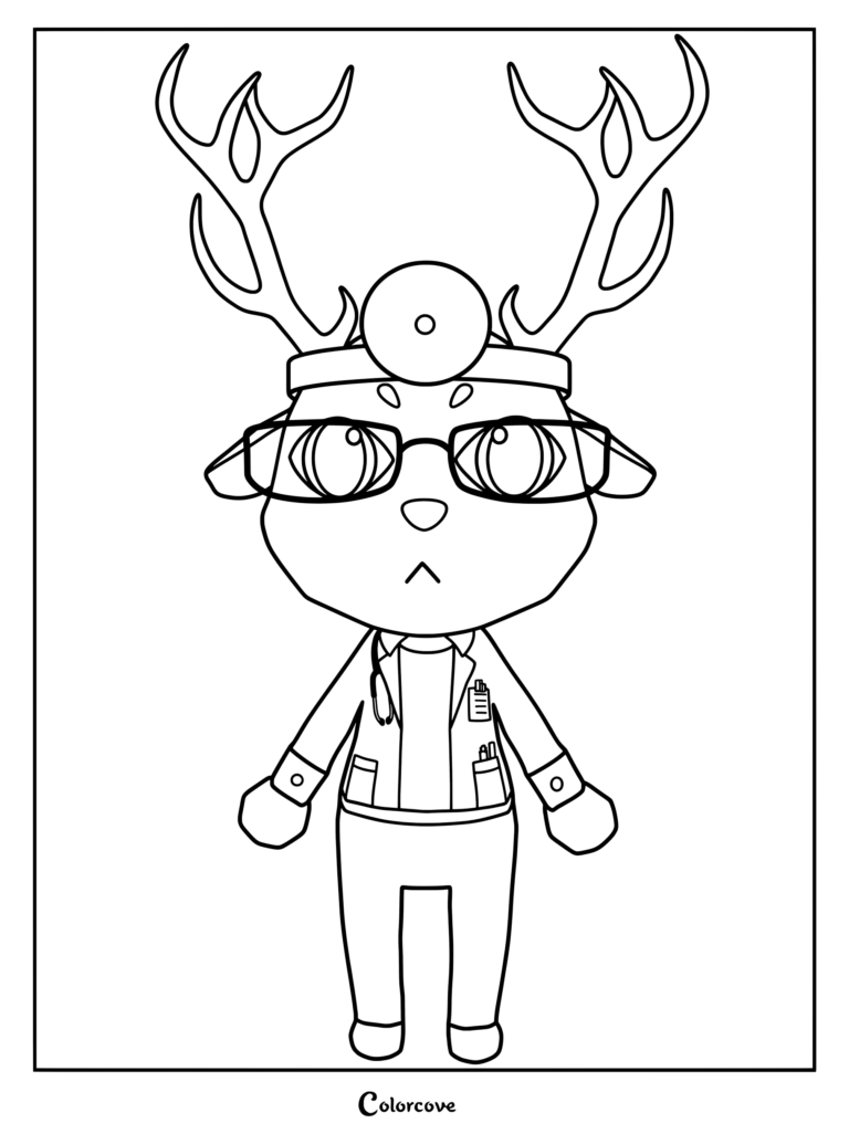 Coloriage représentant le personnage de la classe Docteur du jeu Roblox Animal Hospital (Anomaly) portant des lunettes et une lampe frontale médicale.