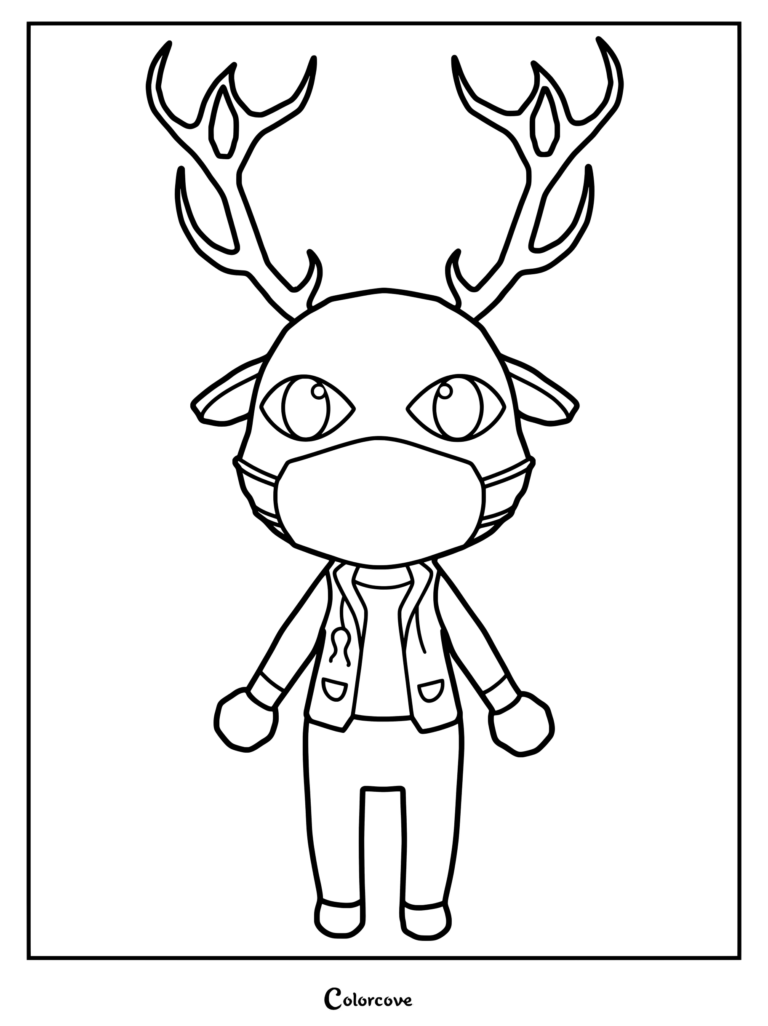 Coloriage du personnage Paramédic du jeu Roblox Animal Hospital (Anomaly), présentant un design de renne avec des bois, un masque facial bleu et un uniforme vert vif.