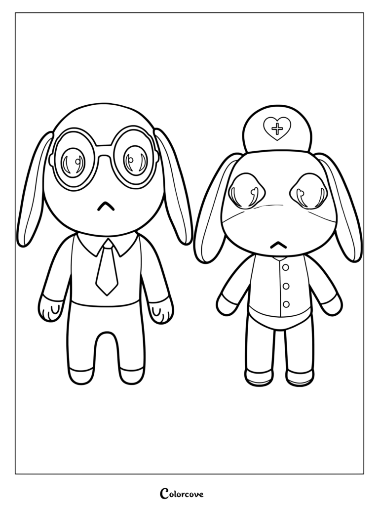 Page de coloriage à imprimer de Ron de la Comptabilité avec des lunettes et une cravate aux côtés d'Infirmière Chef dans son uniforme d'infirmière, des personnages d'Animal Hospital (Anomaly).