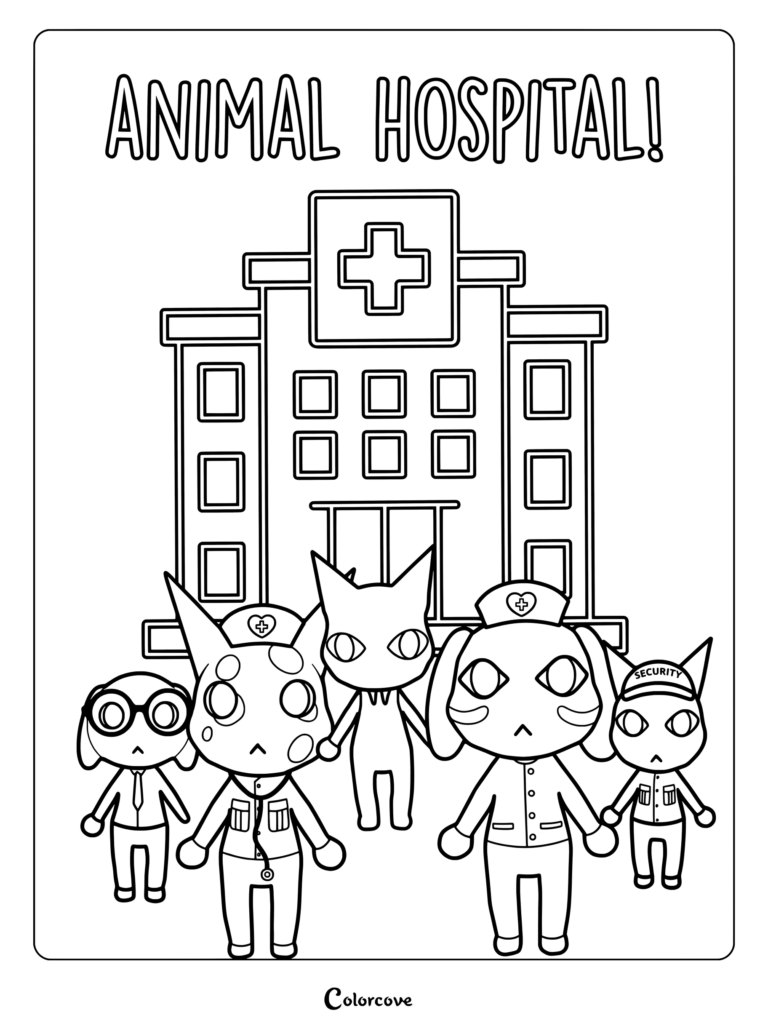 Nurse Cat, Bunny, and Ron stand together in front of the hospital.