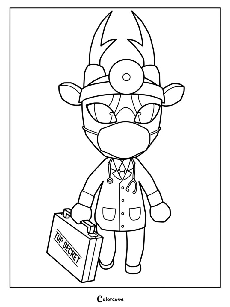 Page de coloriage représentant le Dr. Harlow avec son design de personnage mis à jour pour Animal Hospital (Anomaly), portant un manteau de docteur, un masque et tenant une mallette top secrète.