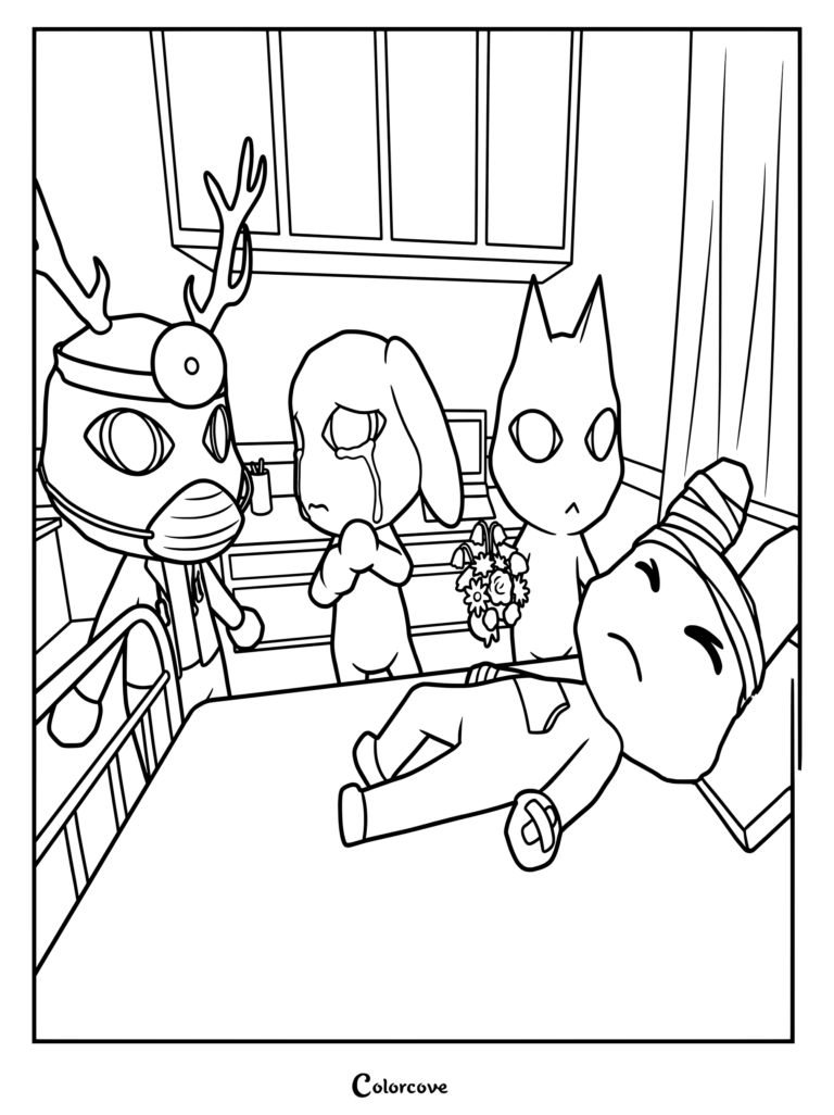 Page de coloriage représentant des personnages du jeu d'horreur et de survie Roblox Animal Hospital (Anomaly) rassemblés autour de la chambre d'un patient.