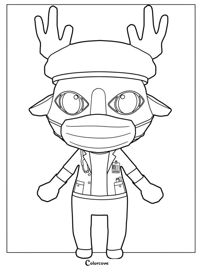 Page de coloriage de Chirurgien d'Animal Hospital (Anomaly) mettant en vedette un personnage de cerf portant un masque médical, une veste de bloc et un chapeau.
