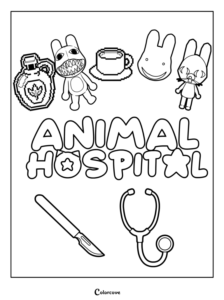Page de coloriage à imprimer présentant le logo personnalisé et les icônes du jeu de survie Roblox Animal Hospital (Anomaly).