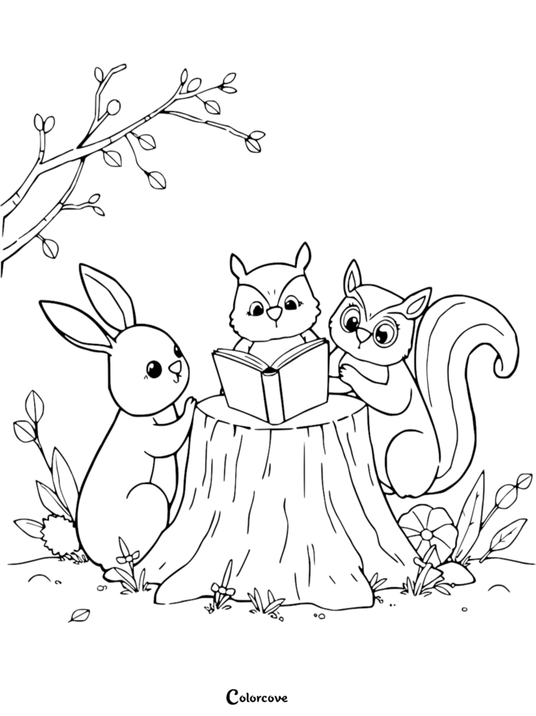 A rabbit and two squirrels reading a book on a tree stump in this Animals Reading coloring page.