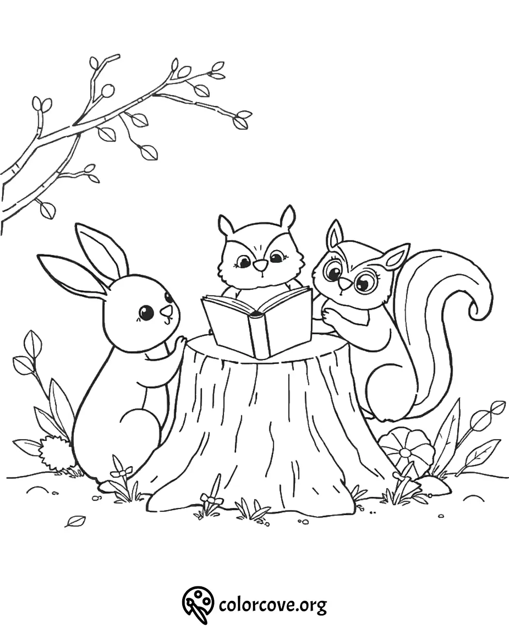 Coloring page with a rabbit, owl, and squirrel reading a book on a tree stump in a forest setting.