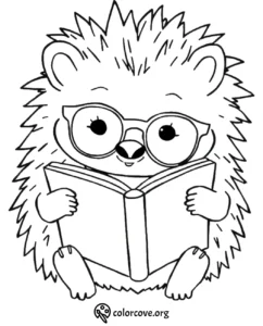 Adorable hedgehog with glasses reading a book coloring page for kids. Cute animal printout from ColorCove.org.