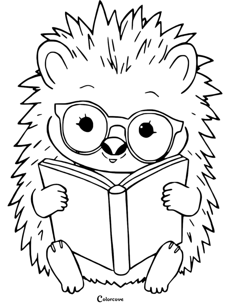 A cute hedgehog wearing large round glasses while holding and reading an open book in this printable coloring page.