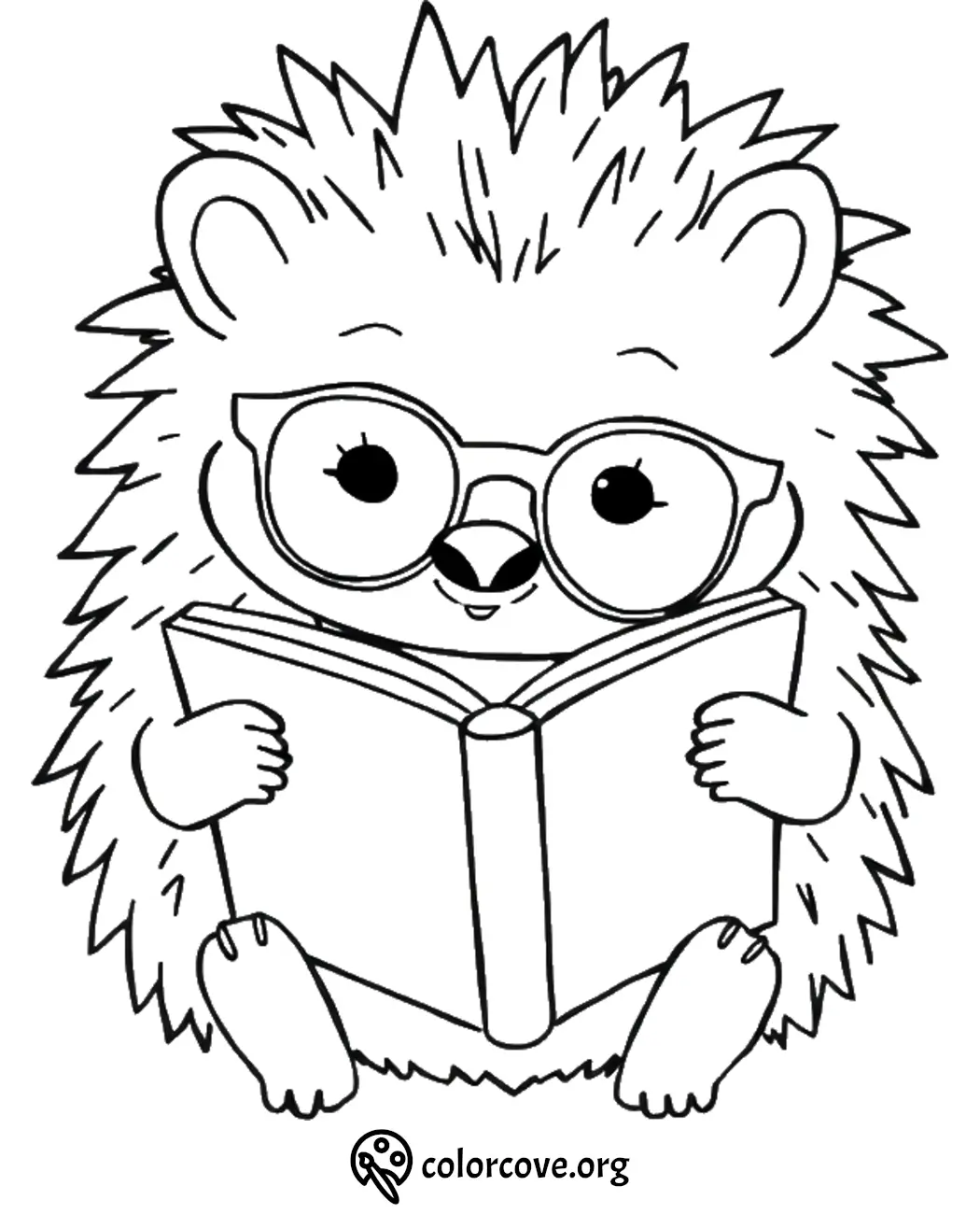 Adorable hedgehog with glasses reading a book coloring page for kids. Cute animal printout from ColorCove.org.