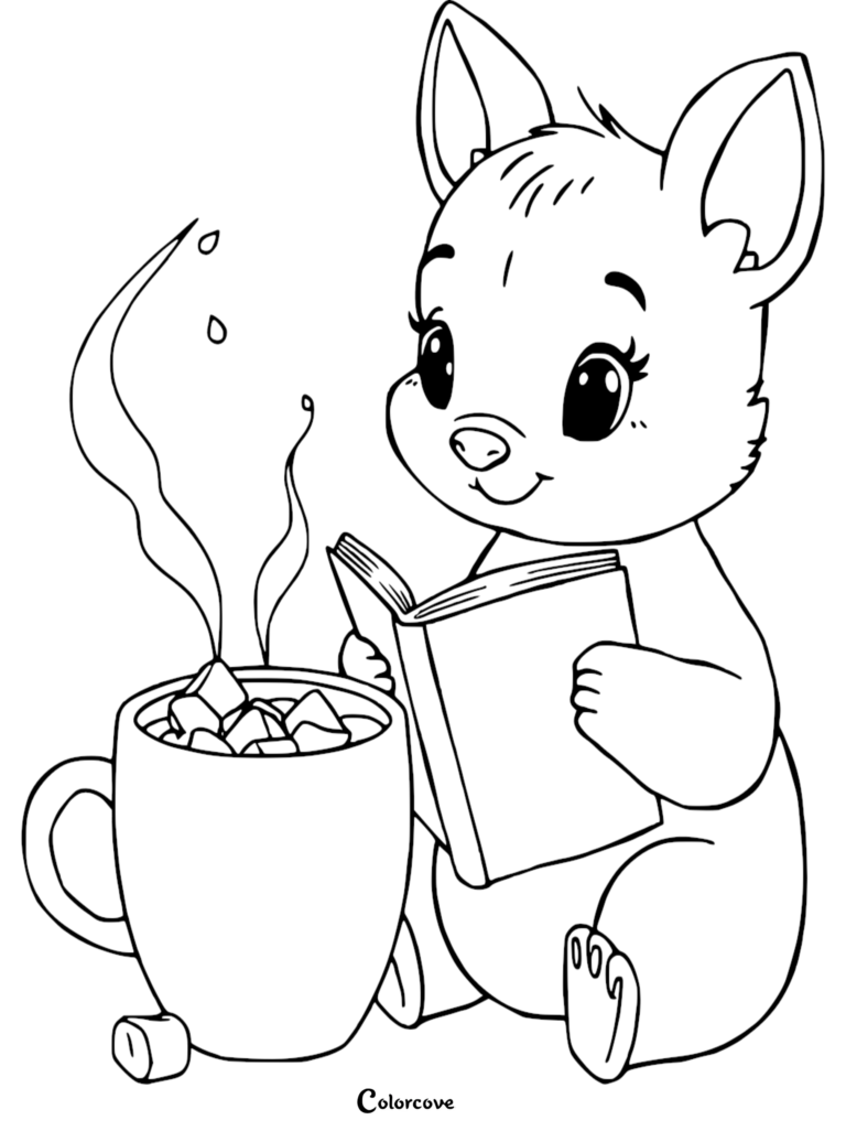 A cute animal reading a book next to a steaming mug of hot cocoa with marshmallows in this printable coloring page.