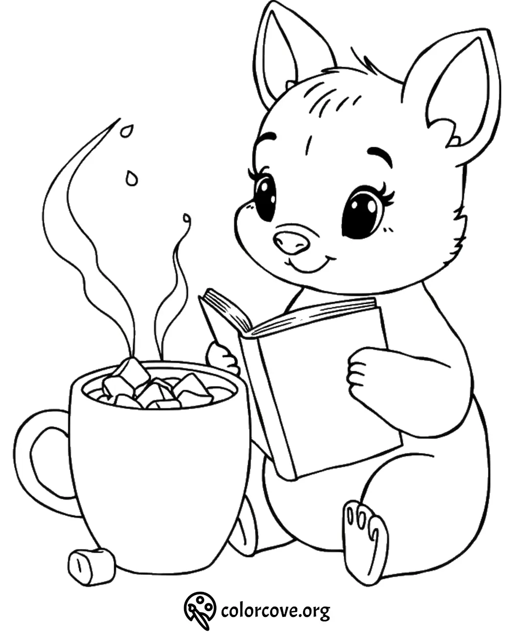 Cute animal reading book with hot chocolate coloring page.