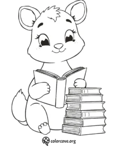 Cute animal reading a book beside a stack of books, coloring page for kids. Perfect for creative learning activities.