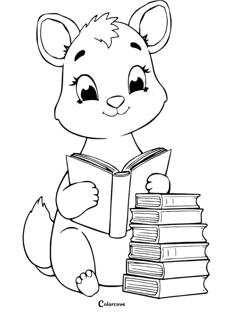 A cute animal reading a book next to a tall stack of books in this printable coloring page.