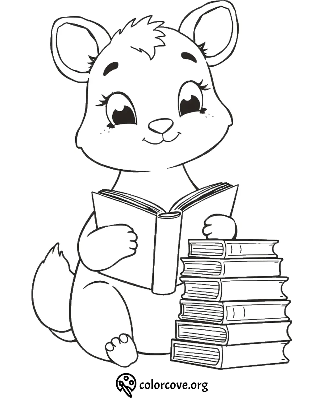 Cute animal reading a book beside a stack of books, coloring page for kids. Perfect for creative learning activities.