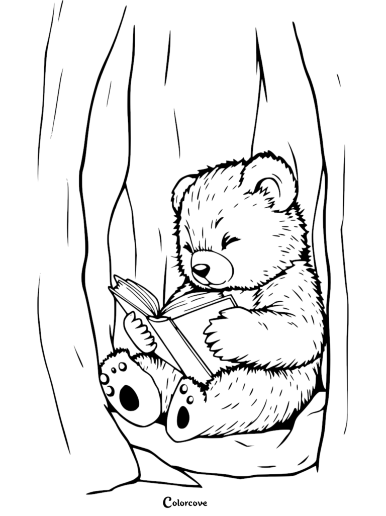 A cute bear sitting inside a tree hollow reading a book in this printable coloring page.