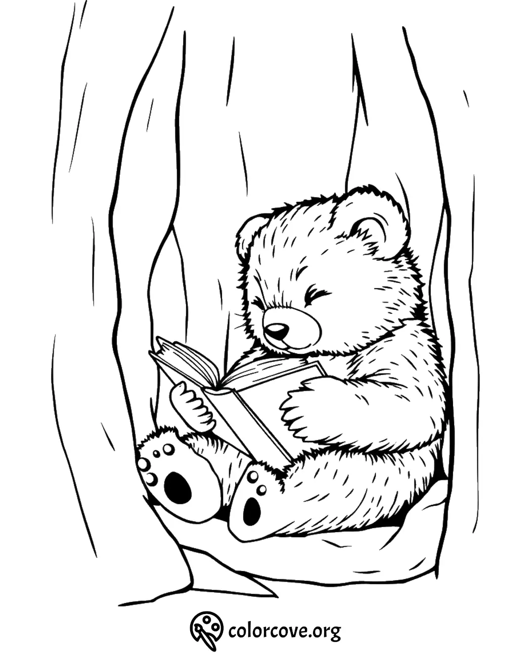 Cute bear coloring page: bear sitting in a cozy tree hollow, reading a book. Perfect for kids' creative fun!