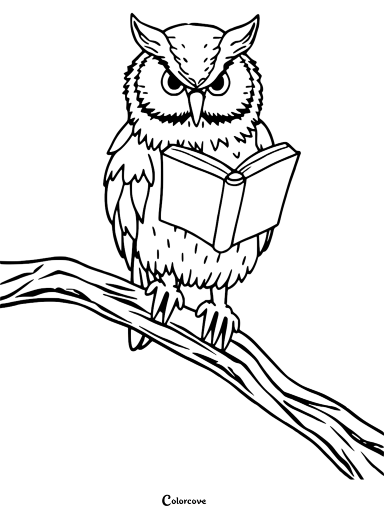 A detailed owl perched on a tree branch reading an open book in this printable animals reading coloring page.