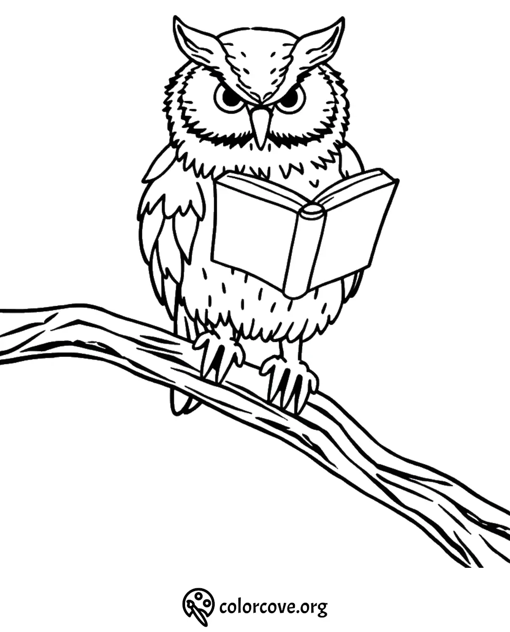 Owl reading a book on a branch, black and white coloring page for kids.