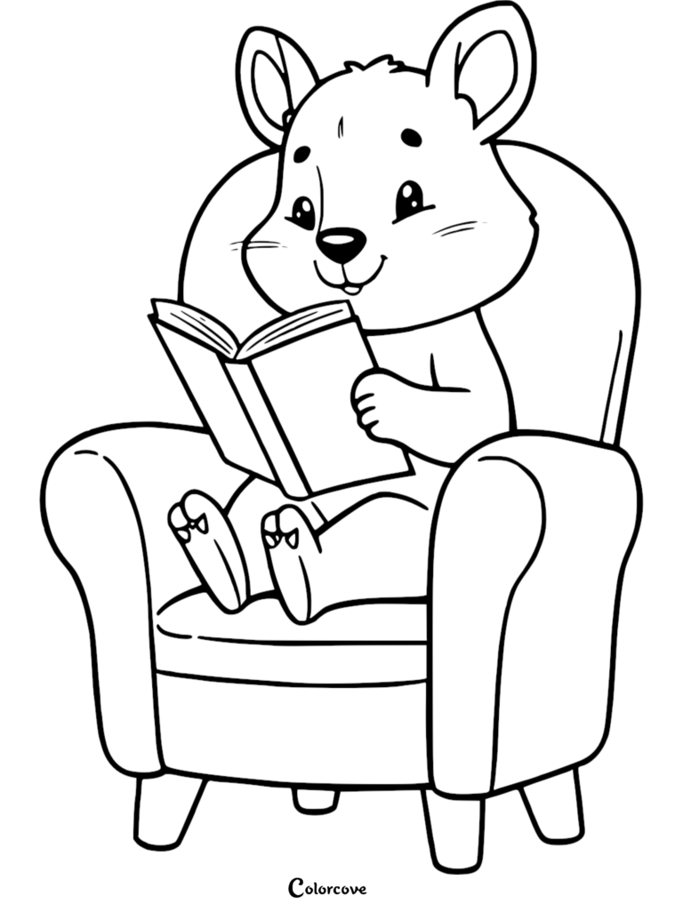 A cute animal sitting in a cozy armchair reading a book in this printable coloring page.