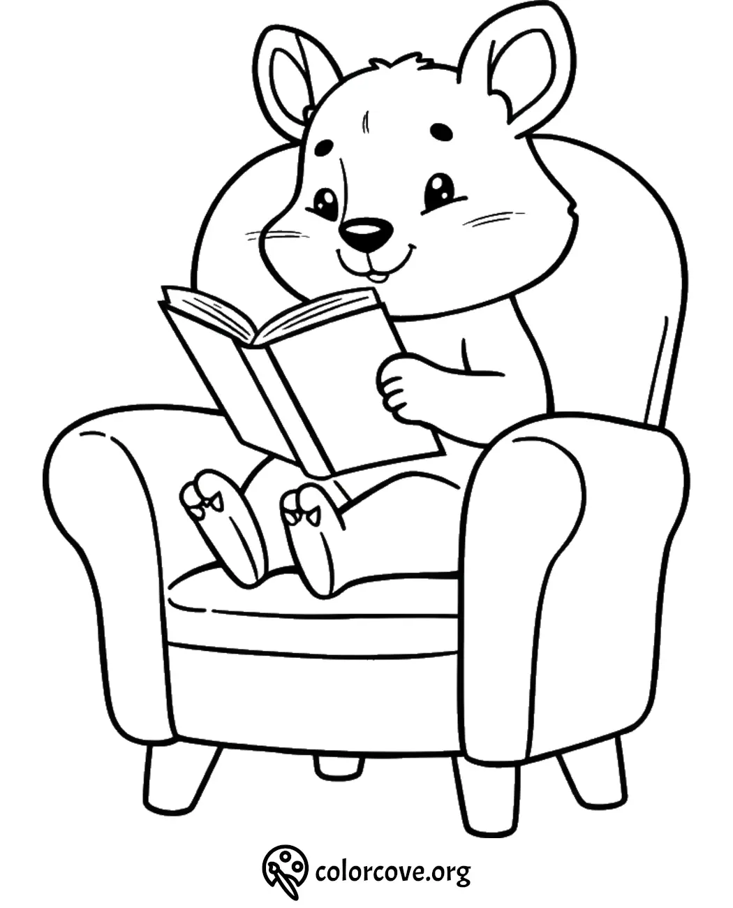 Cute mouse reading a book in an armchair. Coloring page for kids. Cozy and educational fun with animals.