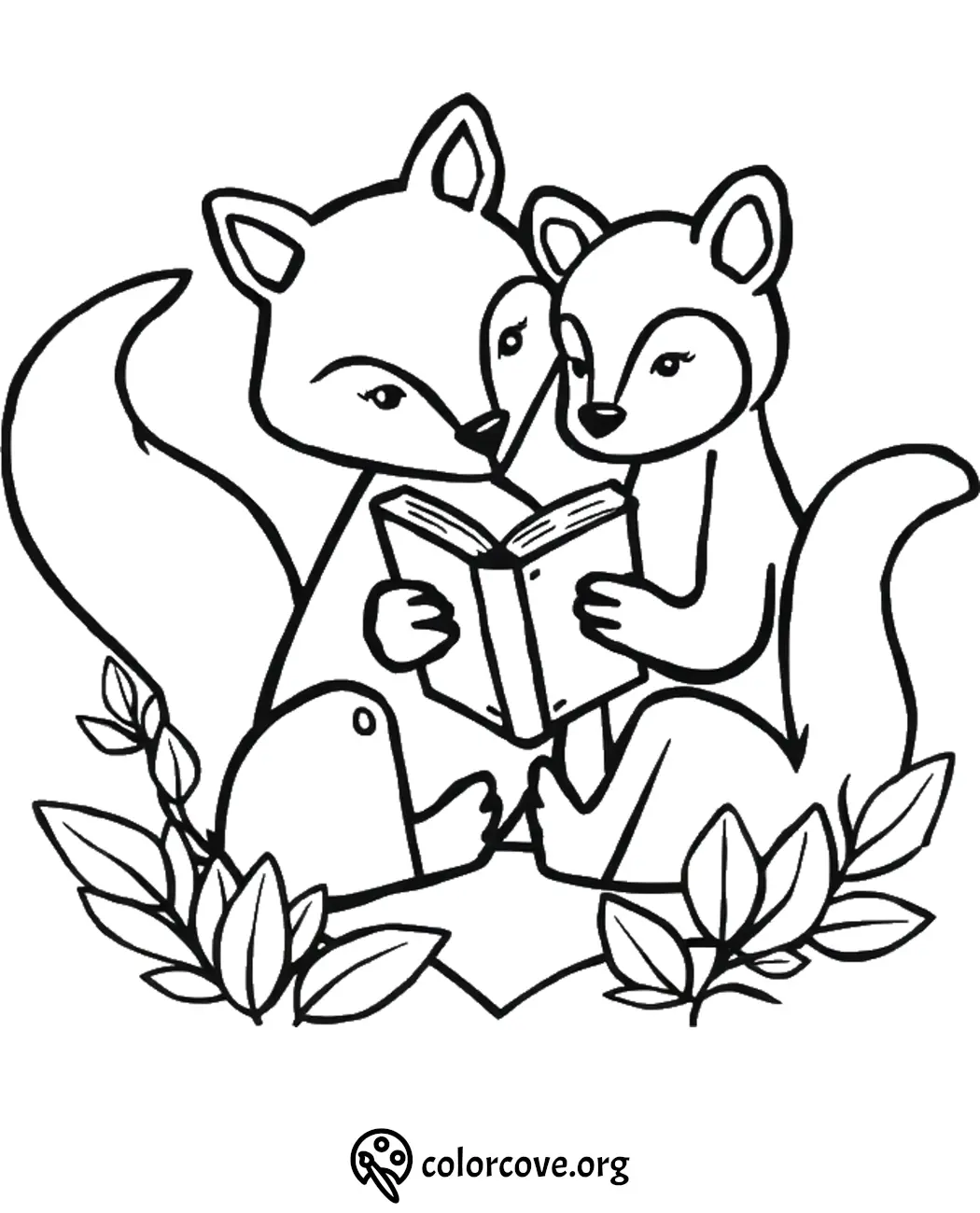 Foxes reading book coloring page for kids, featuring two foxes and leaves, perfect for creative relaxation activities.