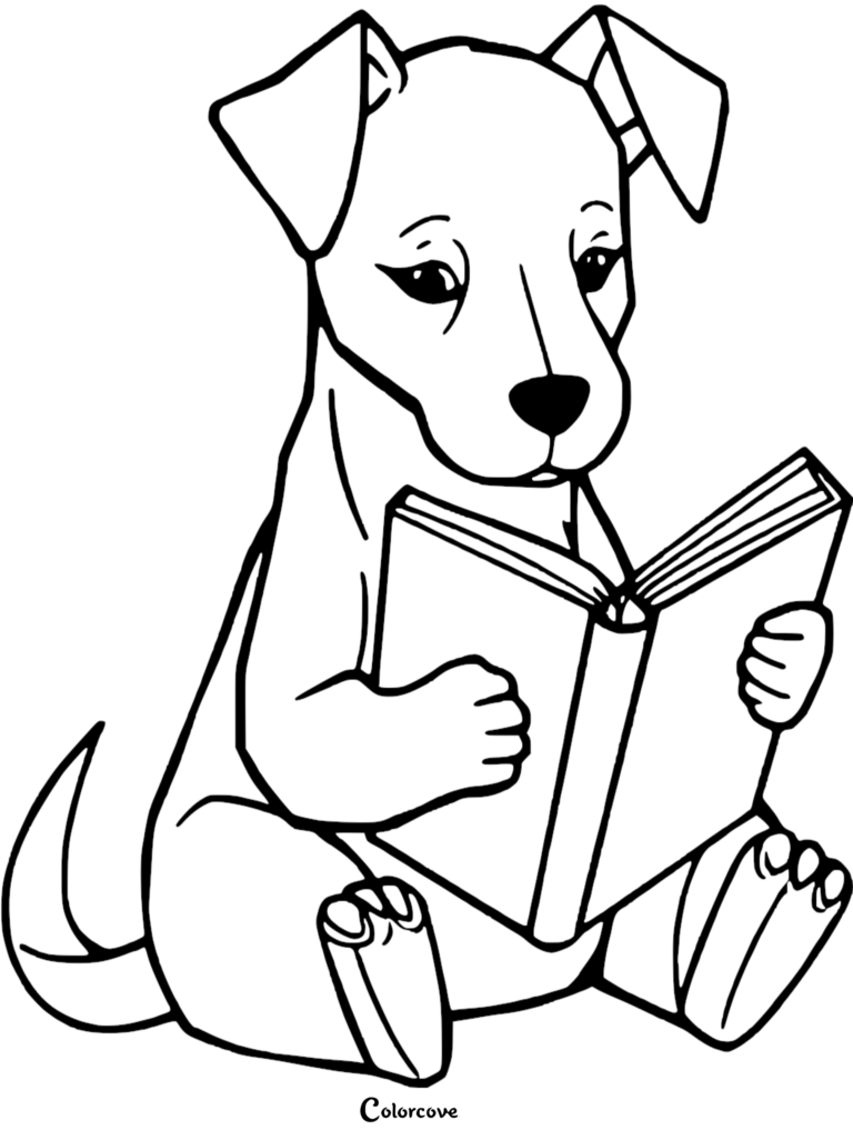 A cute puppy sitting and holding an open book in this Animals Reading coloring page.