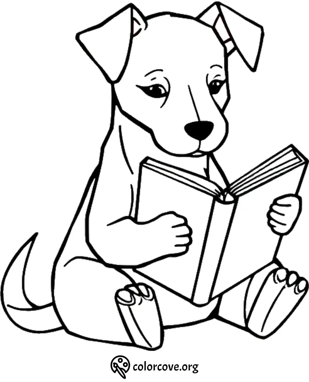 Dog coloring page: cute puppy reading a book, perfect for kids and pet lovers.