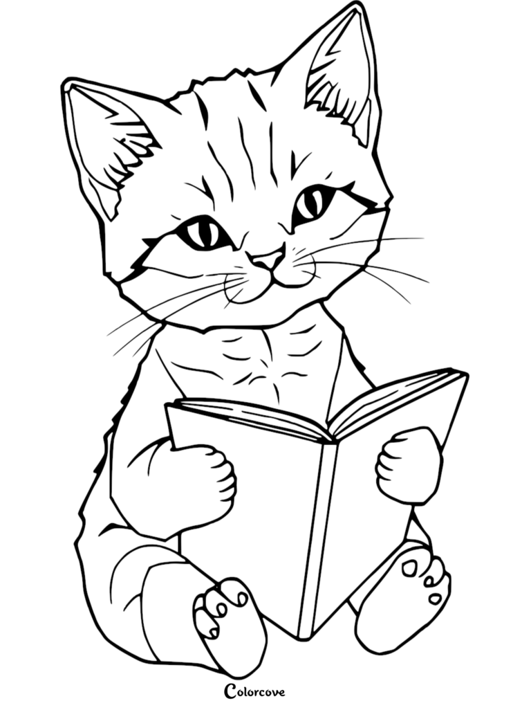 A cute tabby kitten sitting upright and holding an open book in this printable coloring page.