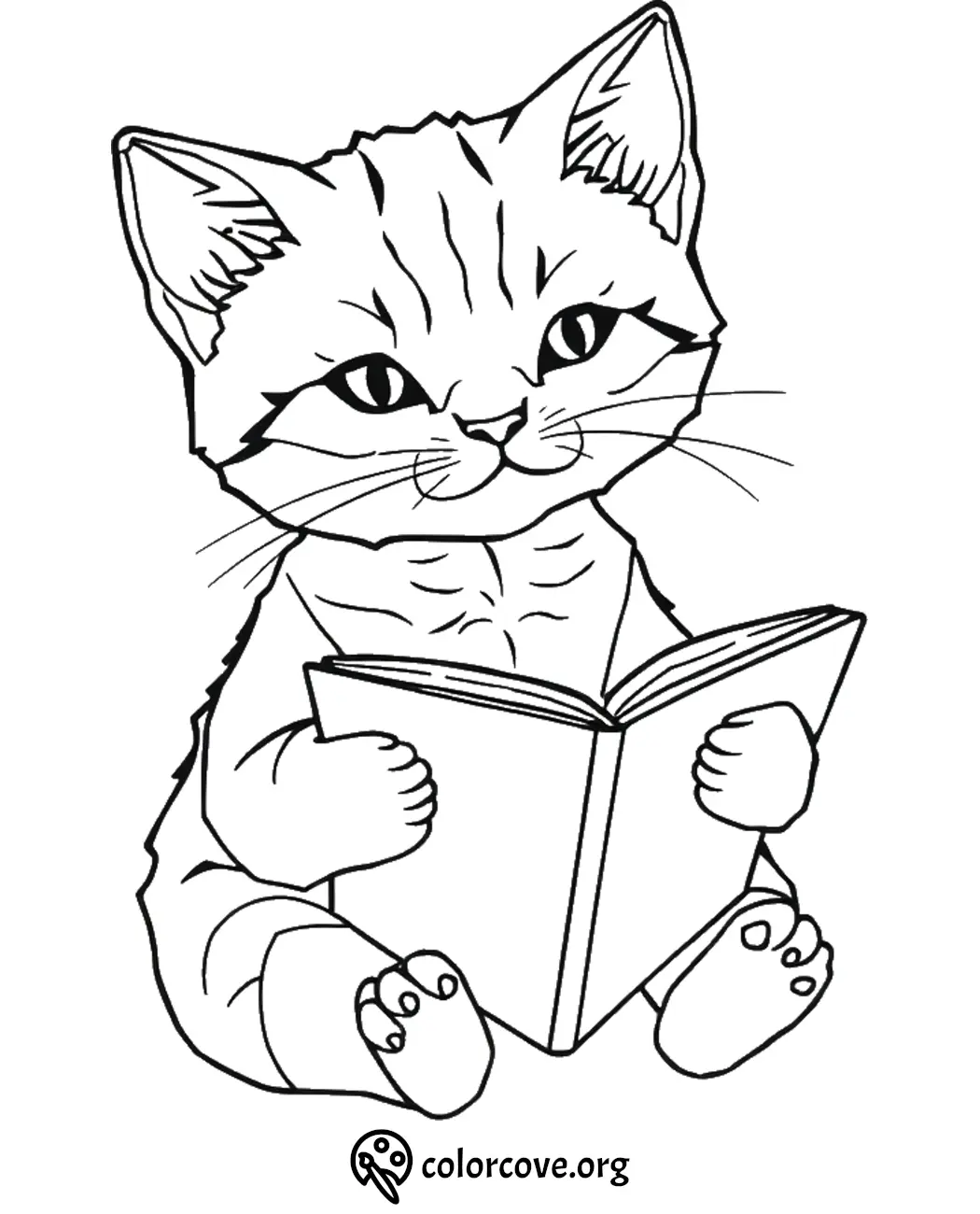 Cute kitten reading a book coloring page for kids and cat lovers.