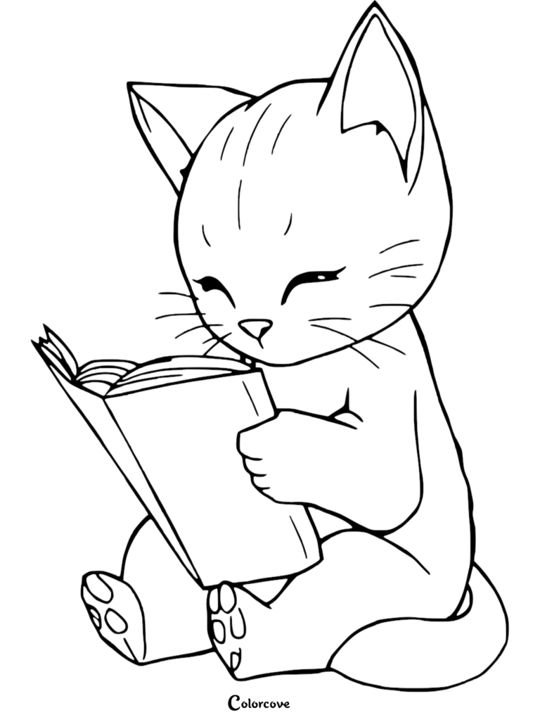 A cute kitten sitting and reading a book in this Animals Reading Coloring Pages Free Printable 19 line art.
