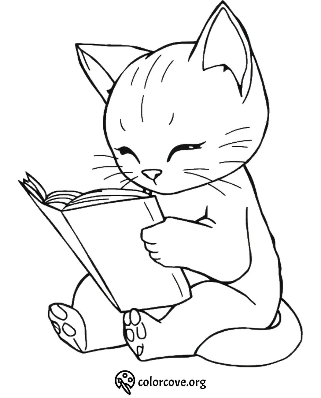 Cute kitten coloring page holding a book, perfect for children's creative fun and relaxation.