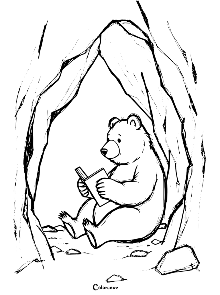 A cute bear sitting inside a rocky cave reading a book in this printable animals reading coloring page.