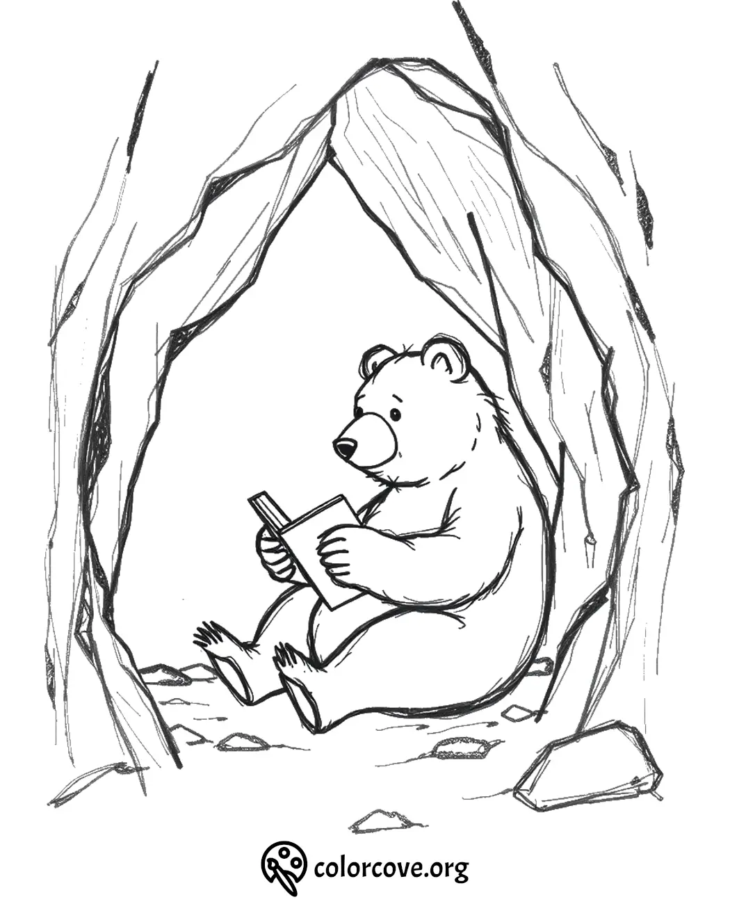 Bear reading a book in a cave coloring page for kids. Fun and educational printable activity from colorcove.org.