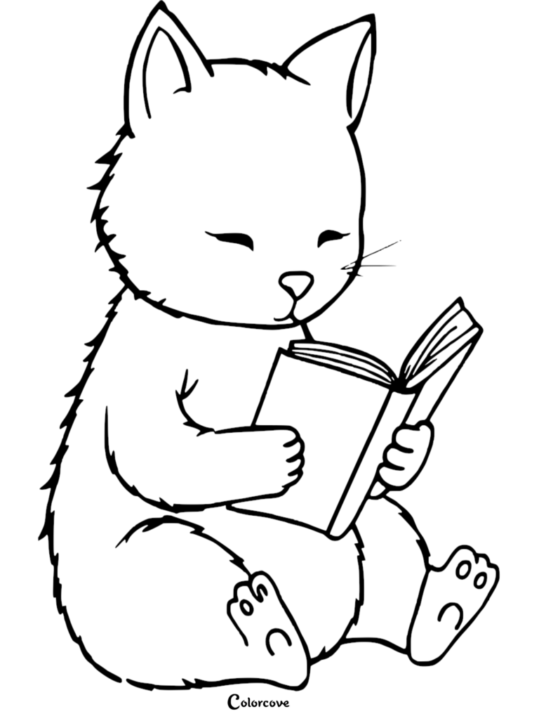 A cute kitten sitting and reading a book in this printable animals reading coloring page.