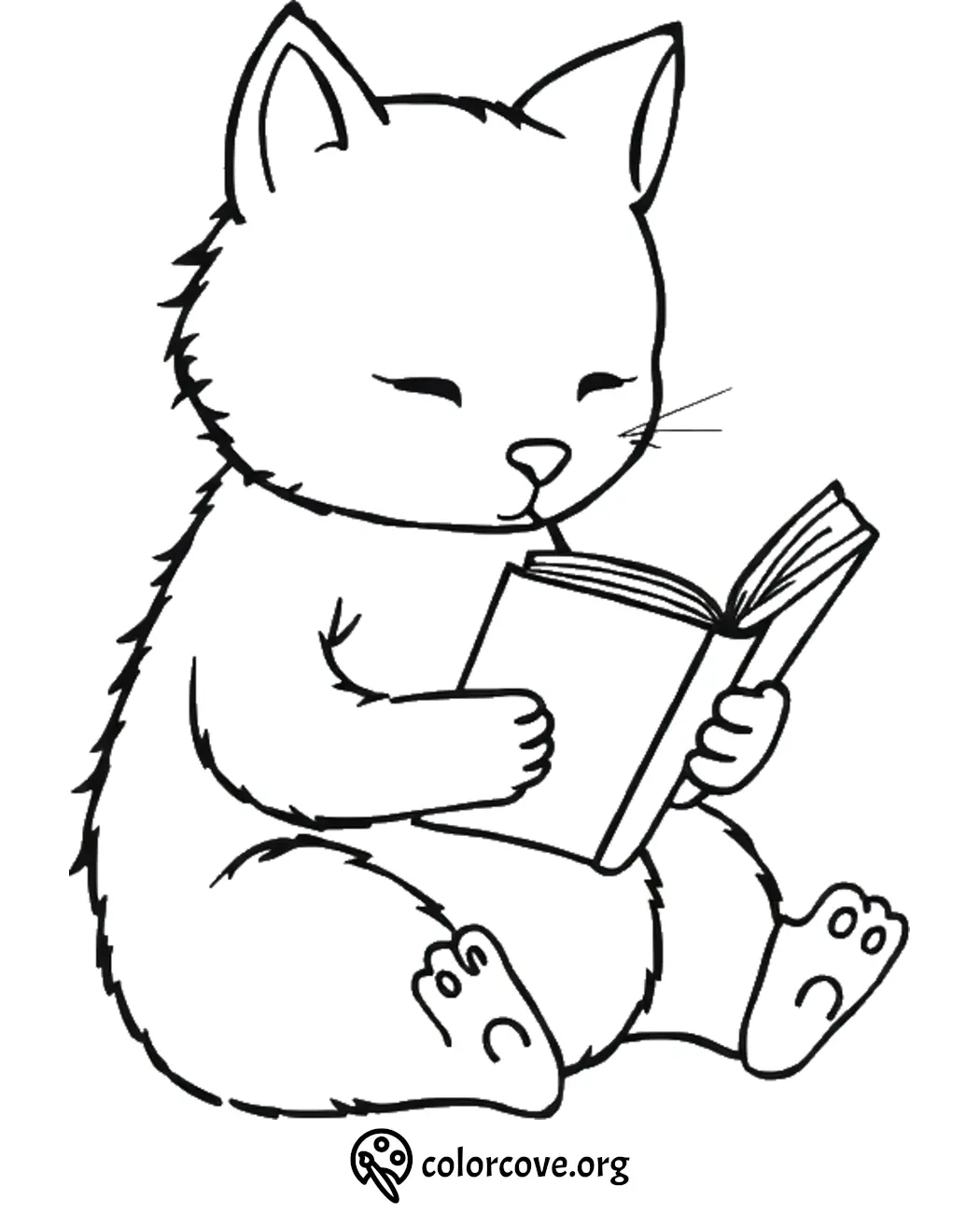 Cute kitten reading a book coloring page for kids, printable fun activity from ColorCove.