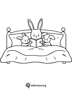 Bunny family bedtime story coloring page for kids featuring cute bunnies reading in bed.