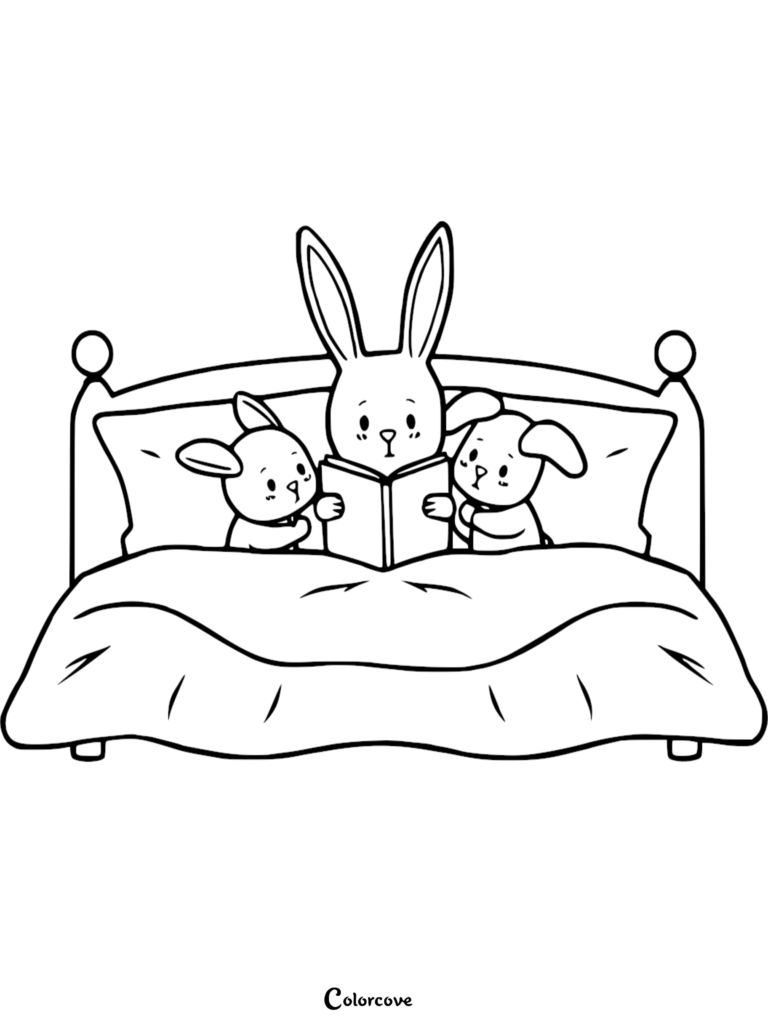 A tall rabbit reading a book to two smaller animals in bed, line art coloring page.