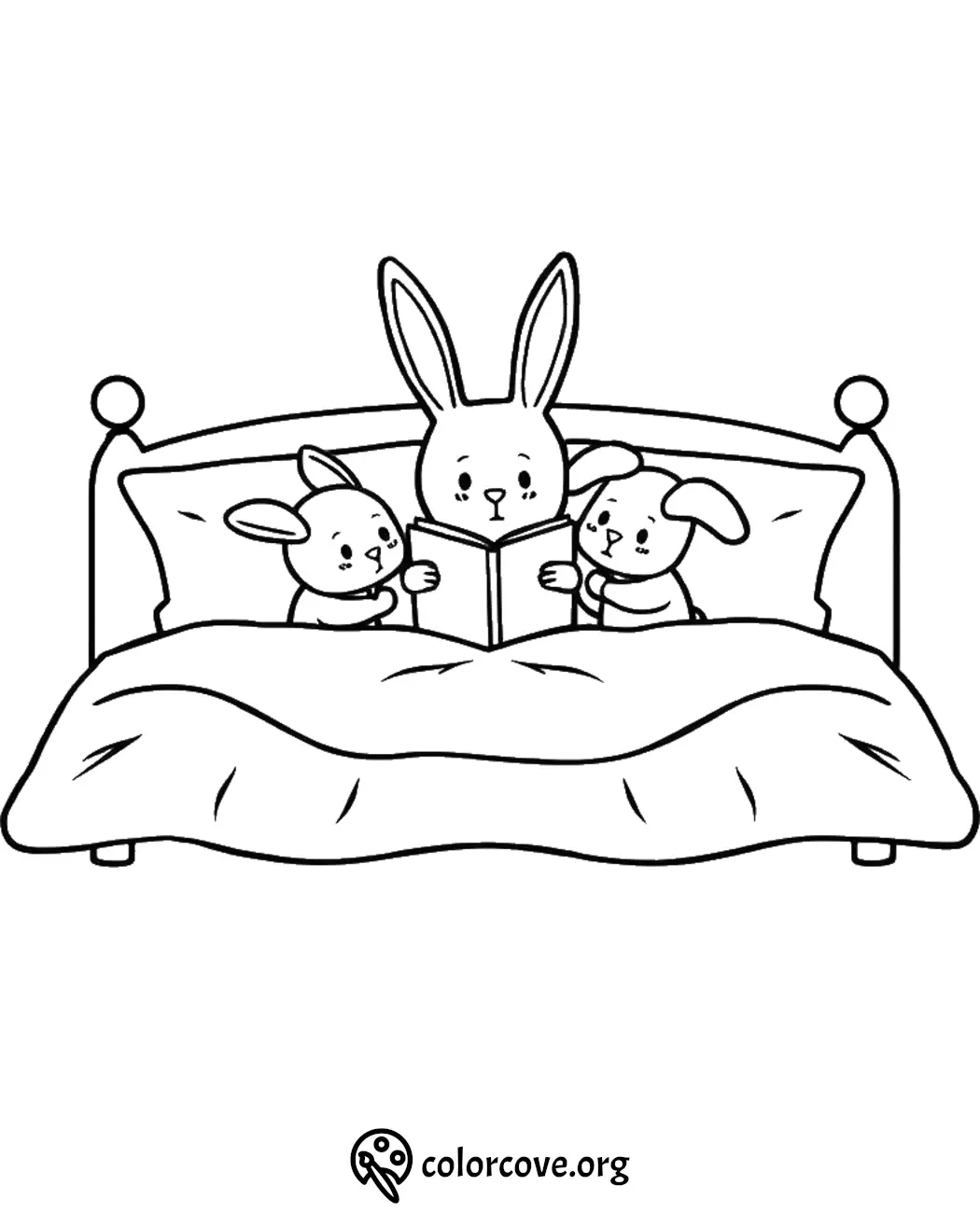 Bunny family bedtime story coloring page for kids featuring cute bunnies reading in bed.