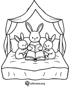 Bunnies reading in bed coloring page for kids - cute bedtime story scene under a canopy.