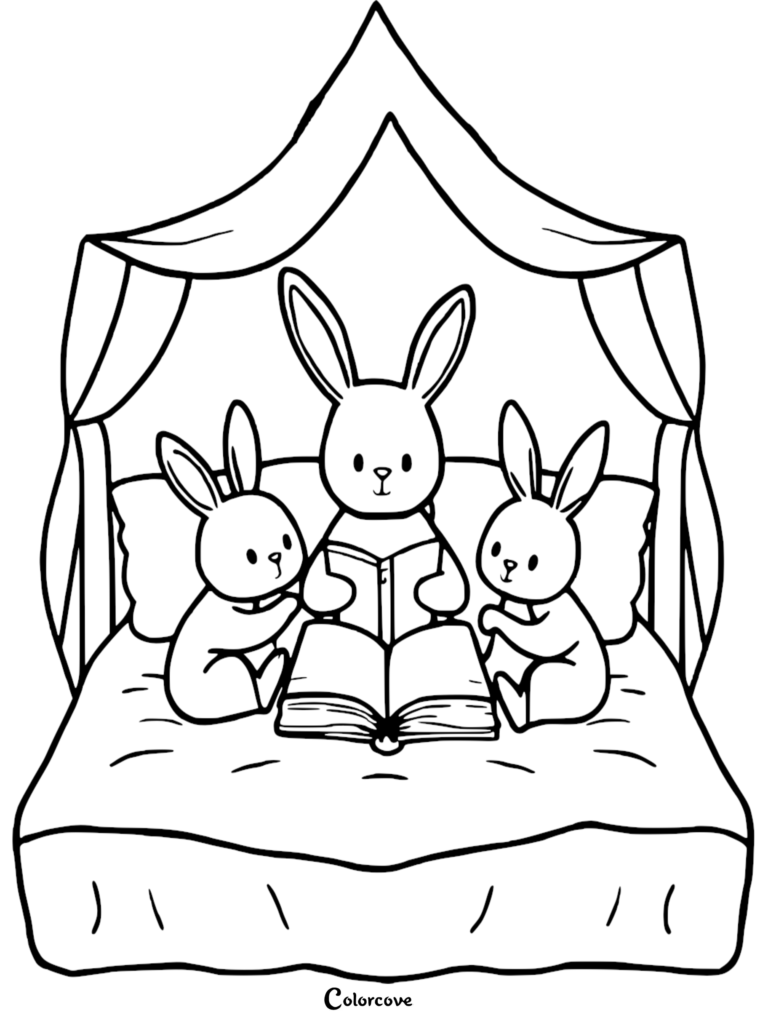 Three cute bunnies sitting on a bed inside a canopy tent reading a book together in this printable coloring page.