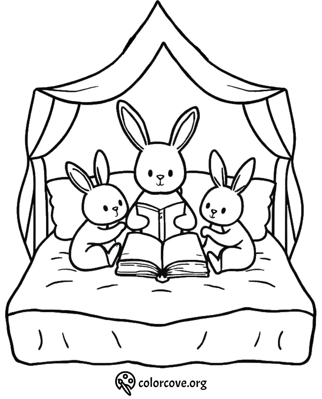 Bunnies reading in bed coloring page for kids - cute bedtime story scene under a canopy.