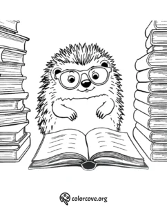 Cute hedgehog with glasses reading a book, surrounded by stacked books, coloring page for kids.