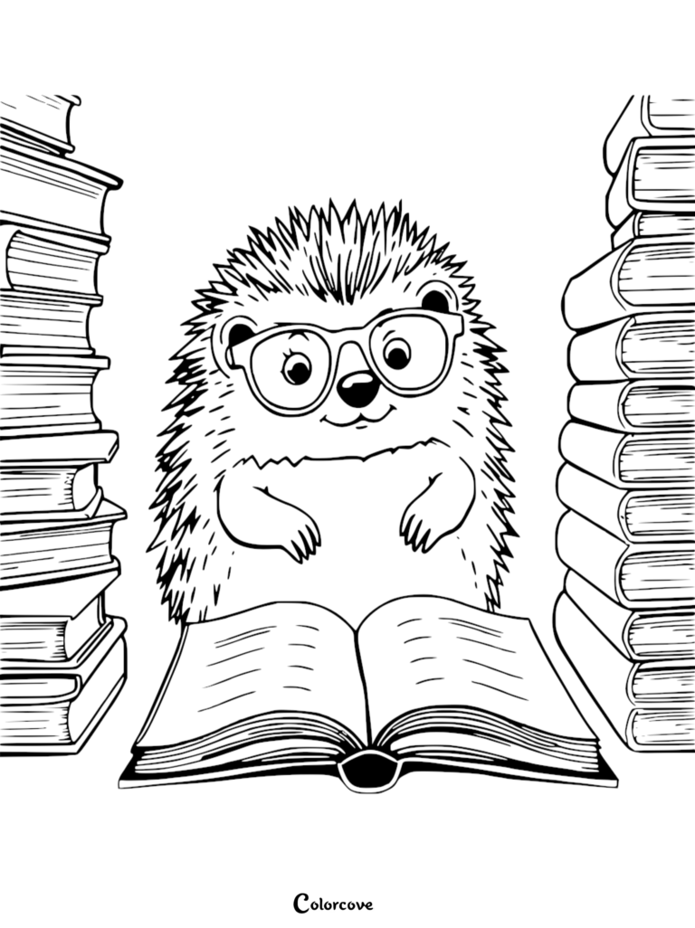 A cute hedgehog wearing glasses reading a book between two tall stacks of books in this printable coloring page.