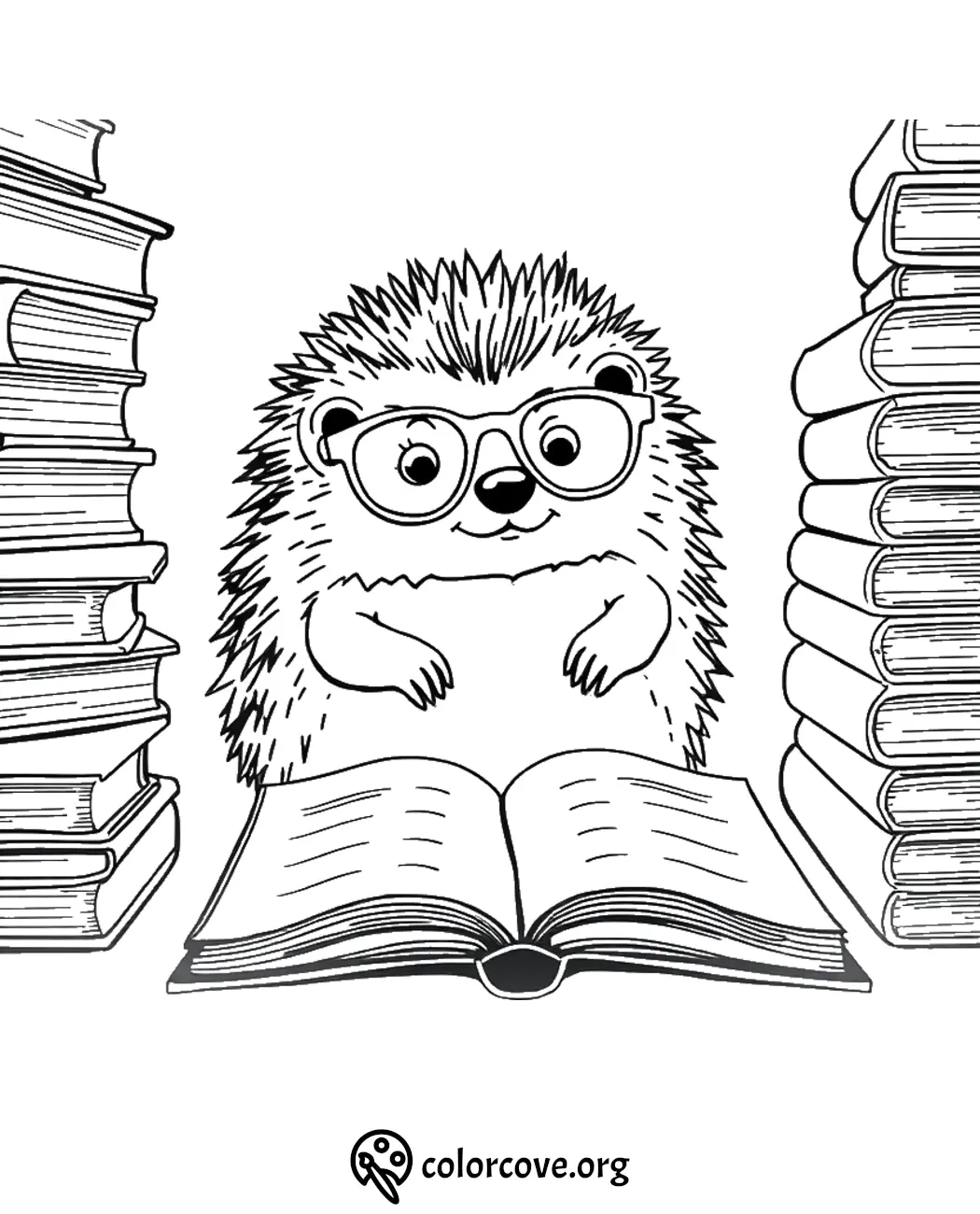 Cute hedgehog with glasses reading a book, surrounded by stacked books, coloring page for kids.