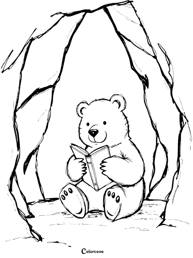 A cute bear sitting inside a tree hollow reading a book in this printable coloring page.