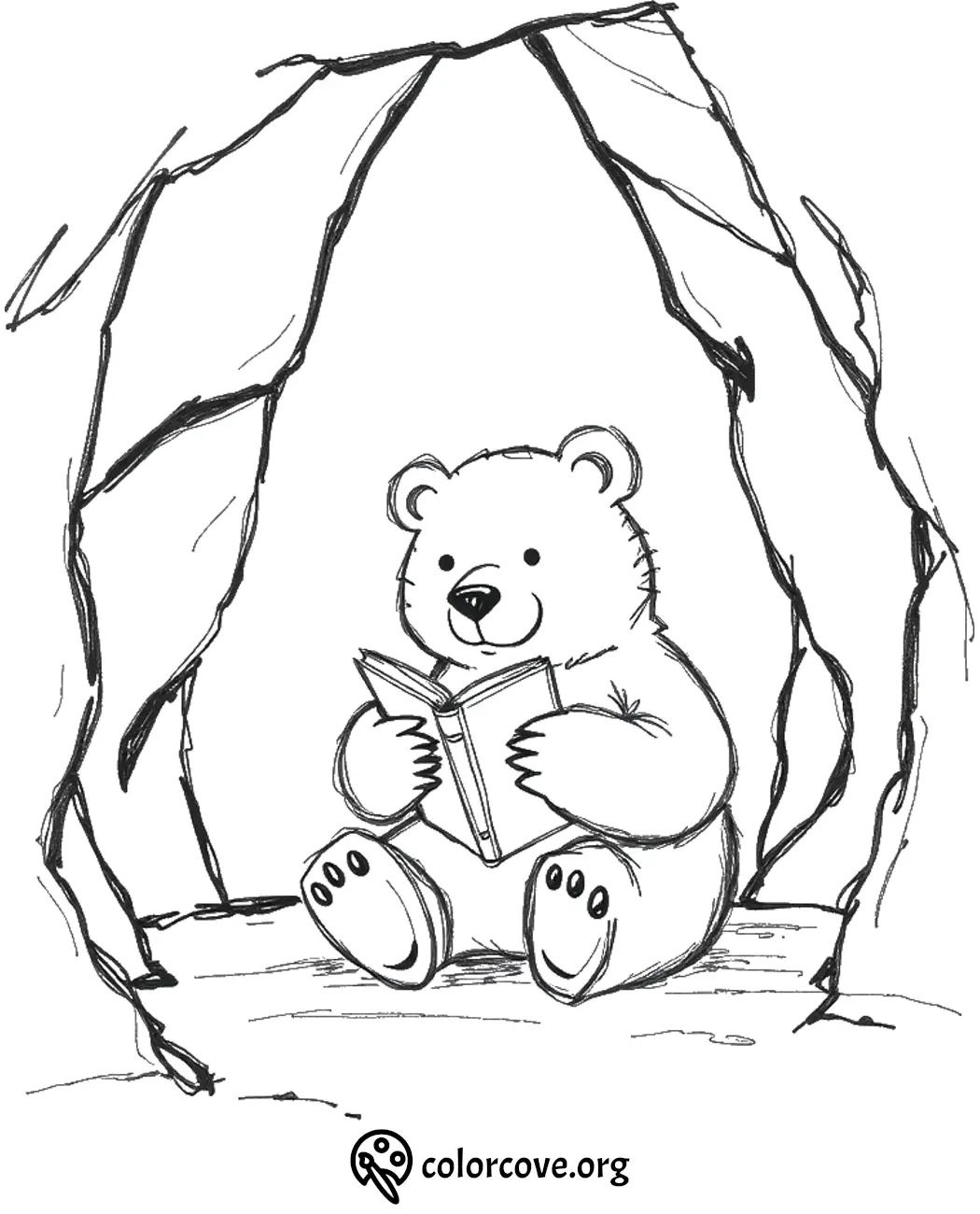 Cute bear reading book in a cave coloring page from colorcove.org. Perfect for kids' creativity and relaxation.