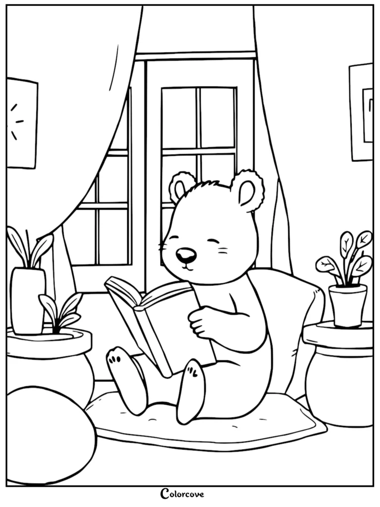 A cute bear sitting on a cushion by a window reading a book in this Animals Reading coloring page.